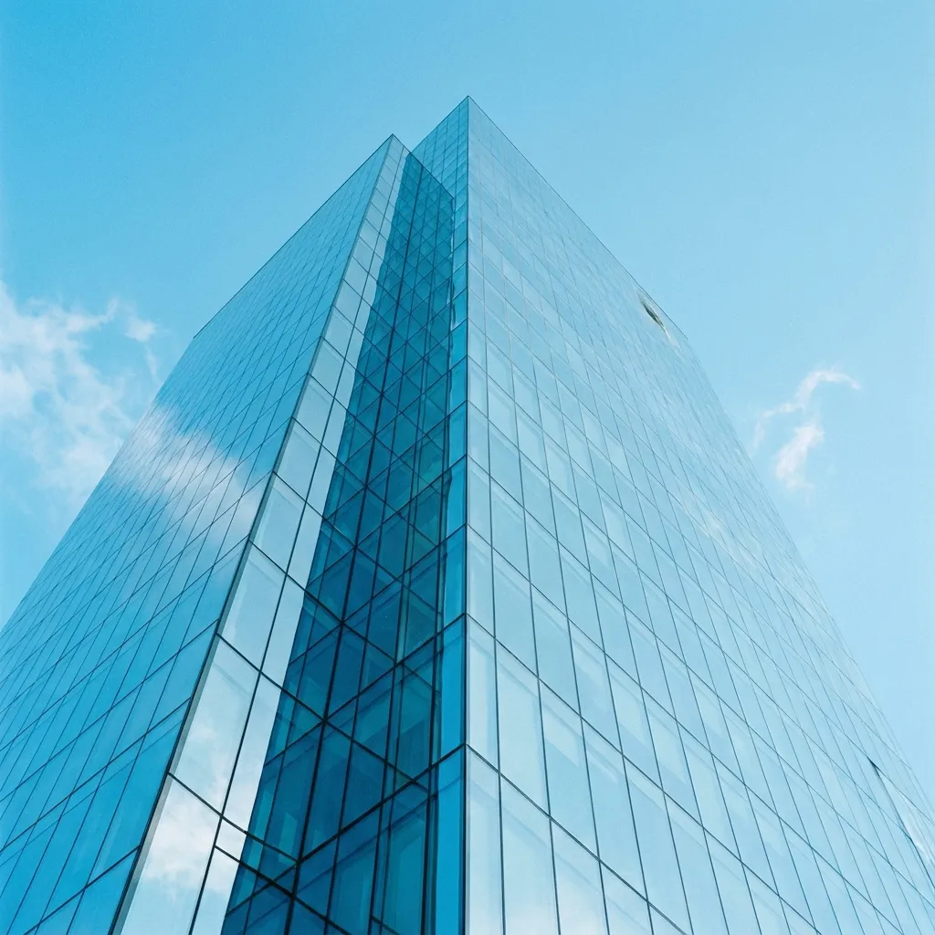 Modern glass skyscraper reaching into a clear sky.