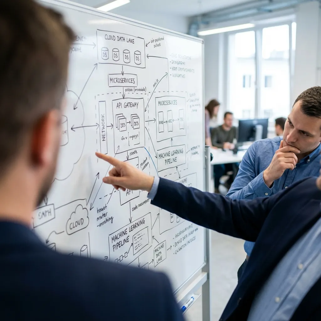 Engineer analyzing a complex system architecture diagram on a whiteboard.